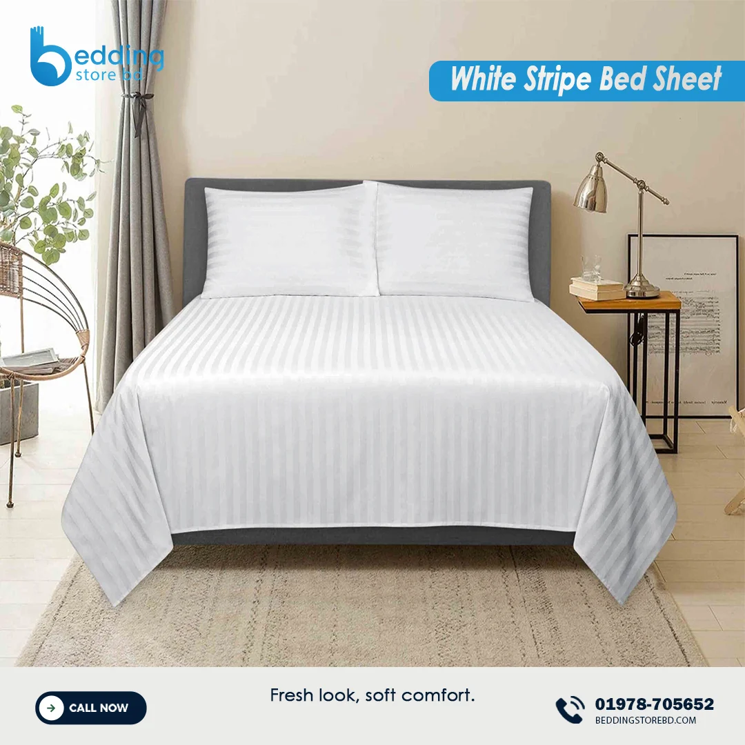Luxury white stripe bed sheet with premium satin weave