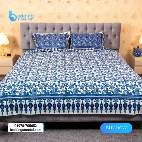 White Blue Print Bed Sheet